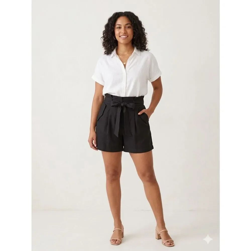 A New Day Black Paperbag Waist Shorts Size 12 High Rise Belted Pleated EUC